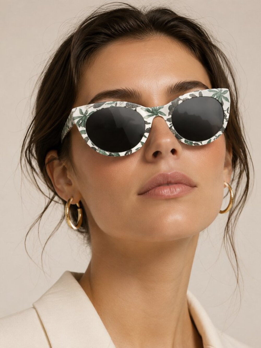 Tory Burch Floral Print Round Sunglasses Gray Lenses White Black Frame